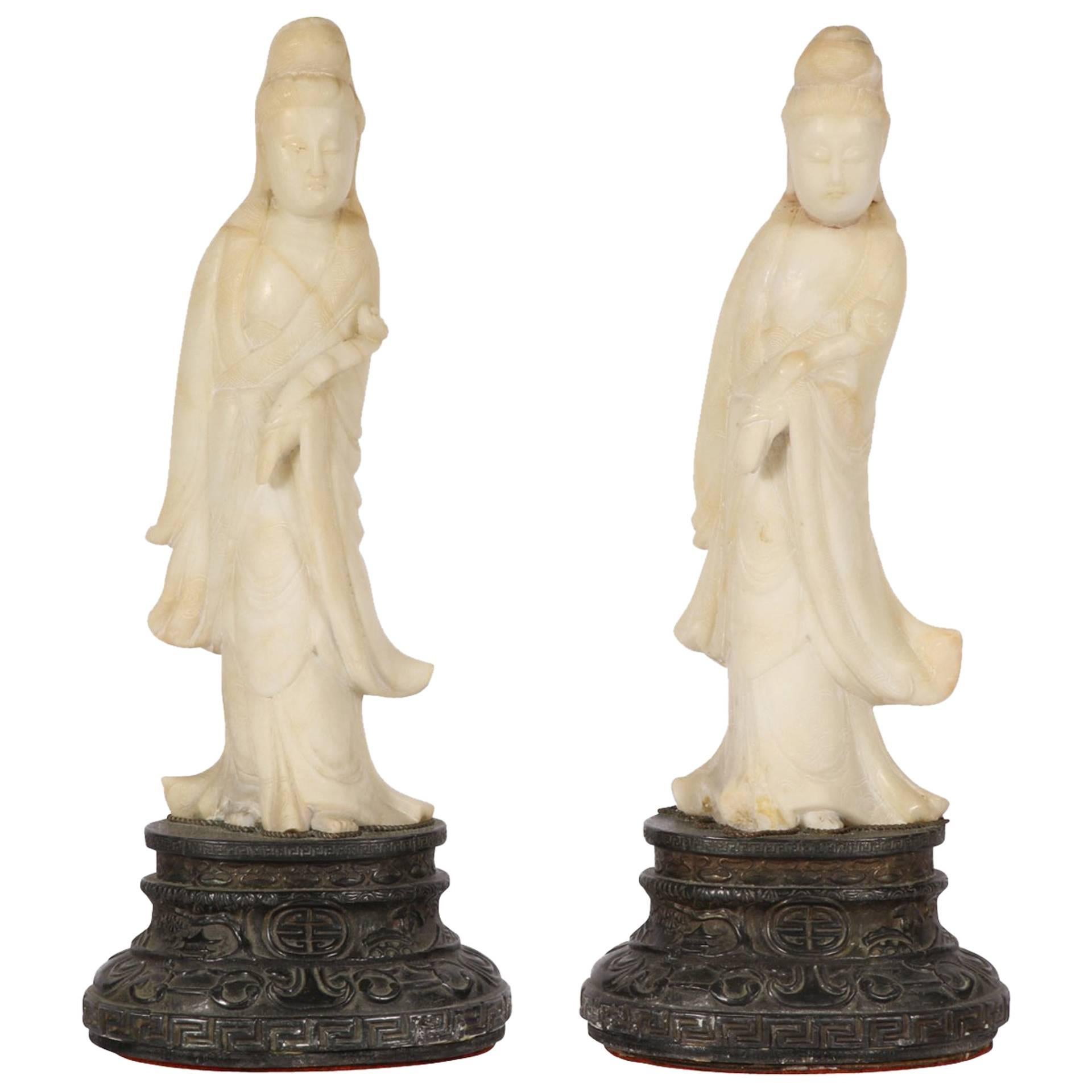 Pair of Quan Yin Figures Mounted as Lamps