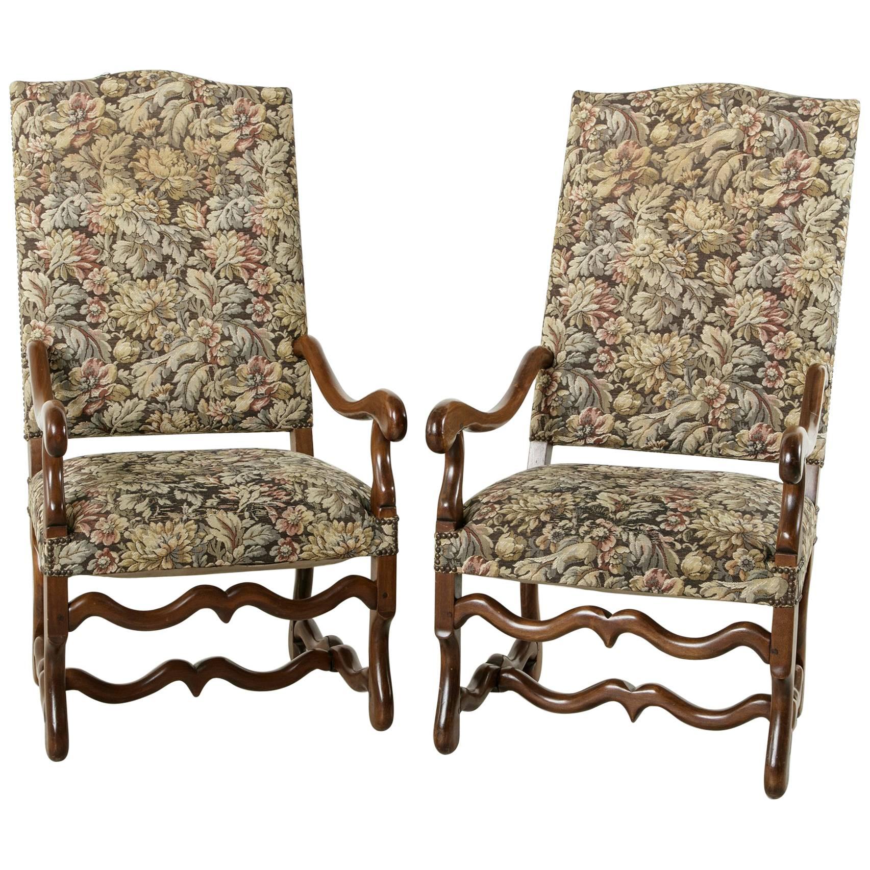 Pair of Walnut Louis XIV Style Mutton Leg Armchairs with Tapestry, circa 1900