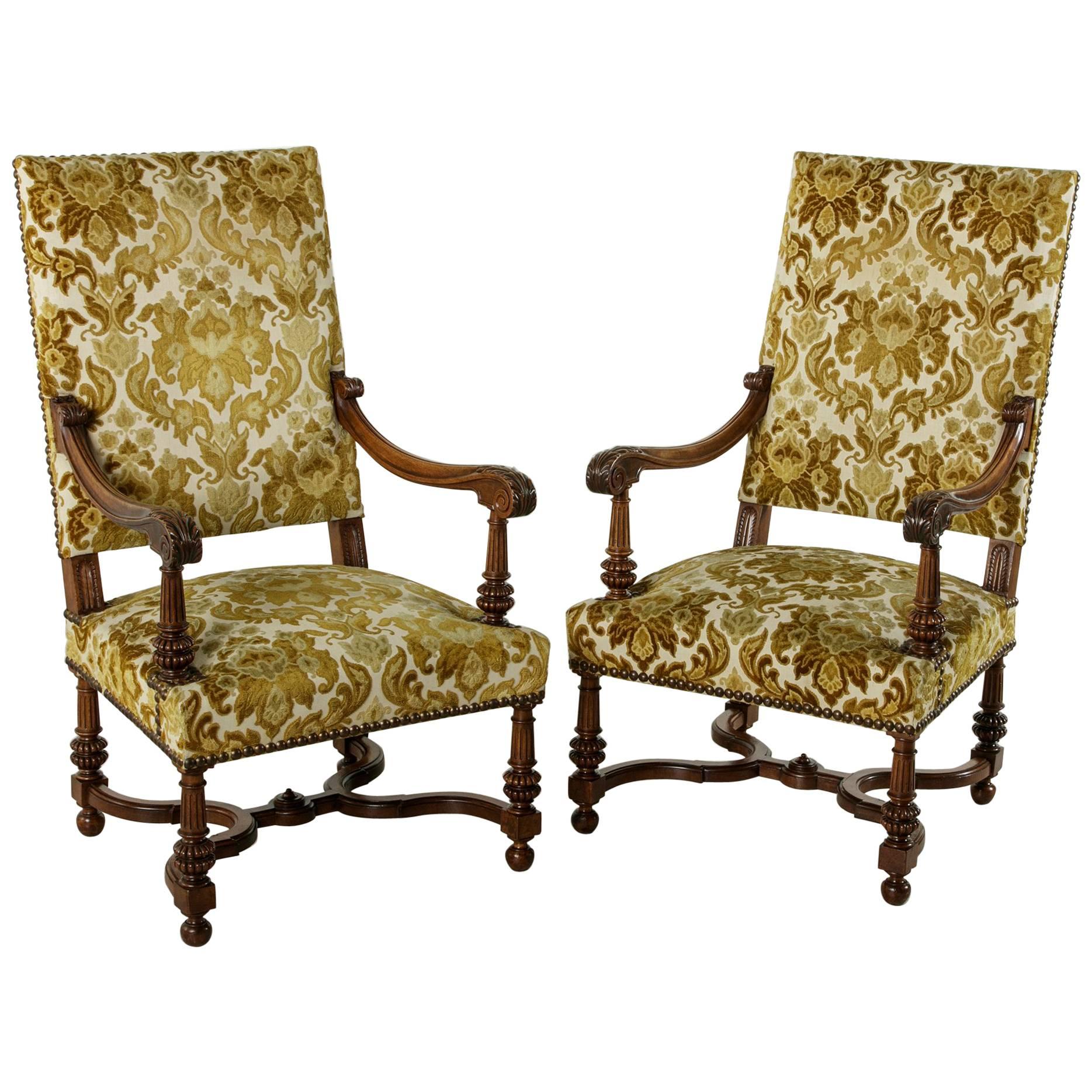 Pair of Late 19th Century French Hand-Carved Walnut Louis XIV Style Armchairs