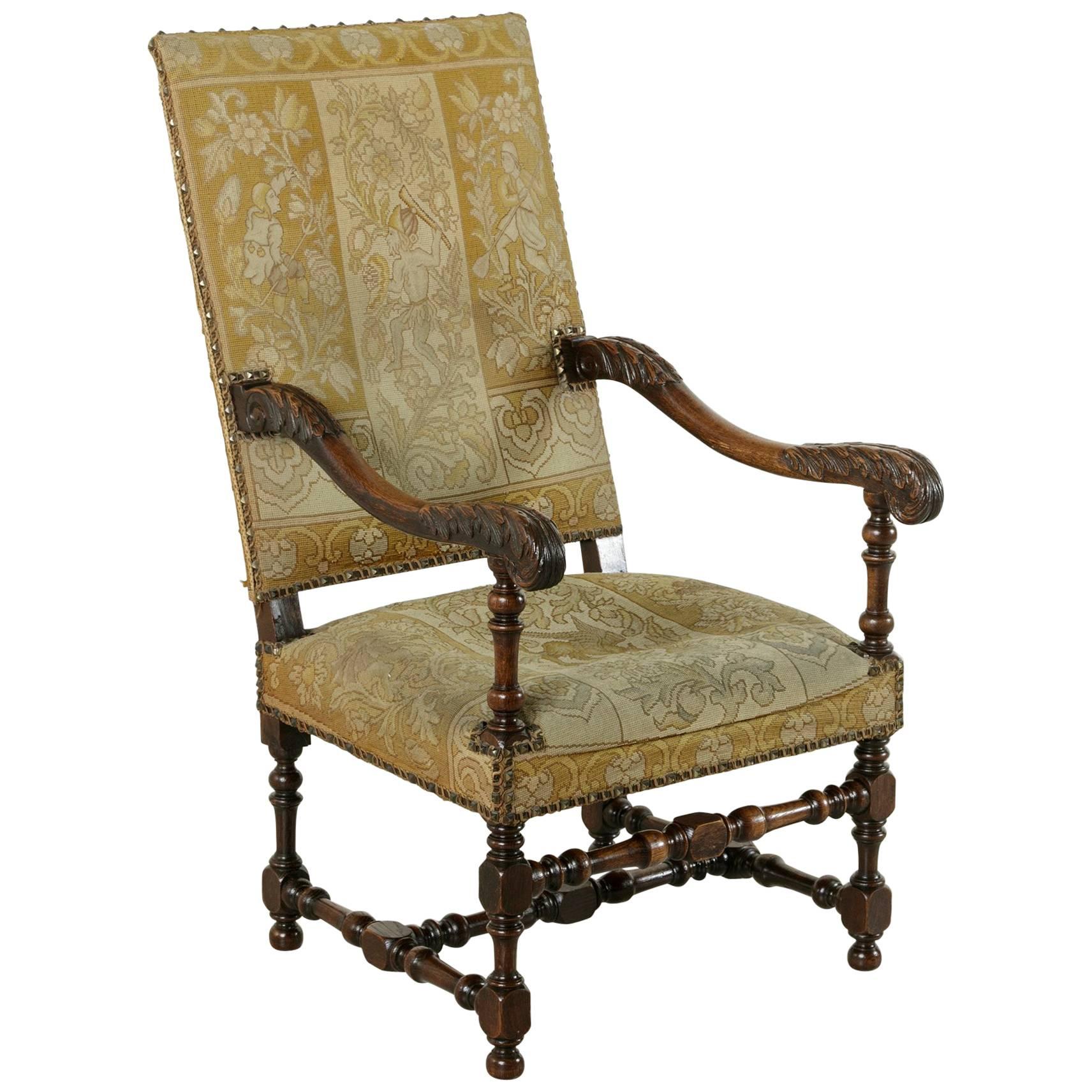 Antique Louis XIV Style Carved Fauteuil HighBack Armchair with