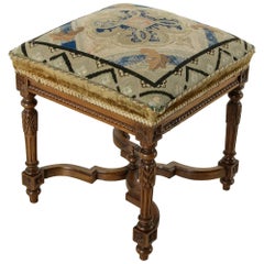 Antique 19th Century Hand-Carved Walnut Louis XVI Style Vanity Stool with Needlepoint