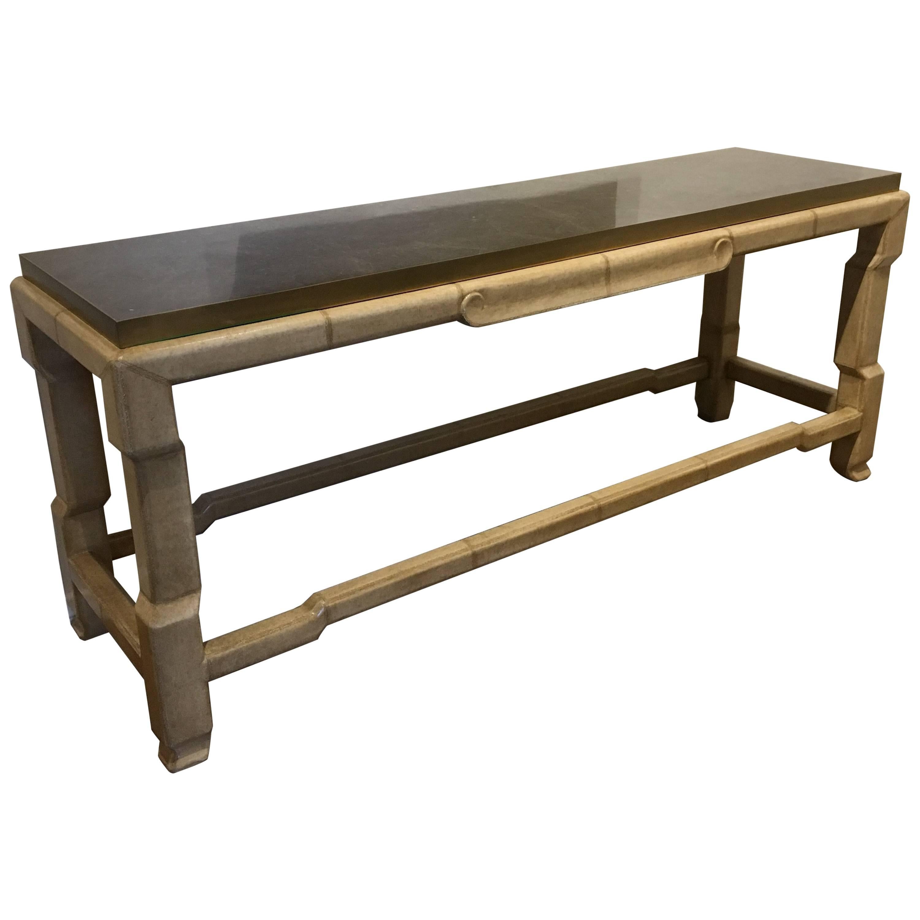 Elegant Marble and Brass Top Console Table in Wrapped Leather Base by Carson