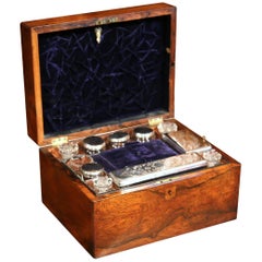 Antique 19th Century French Rosewood Travel Vanity Case with Cut Glass Silver Bottles