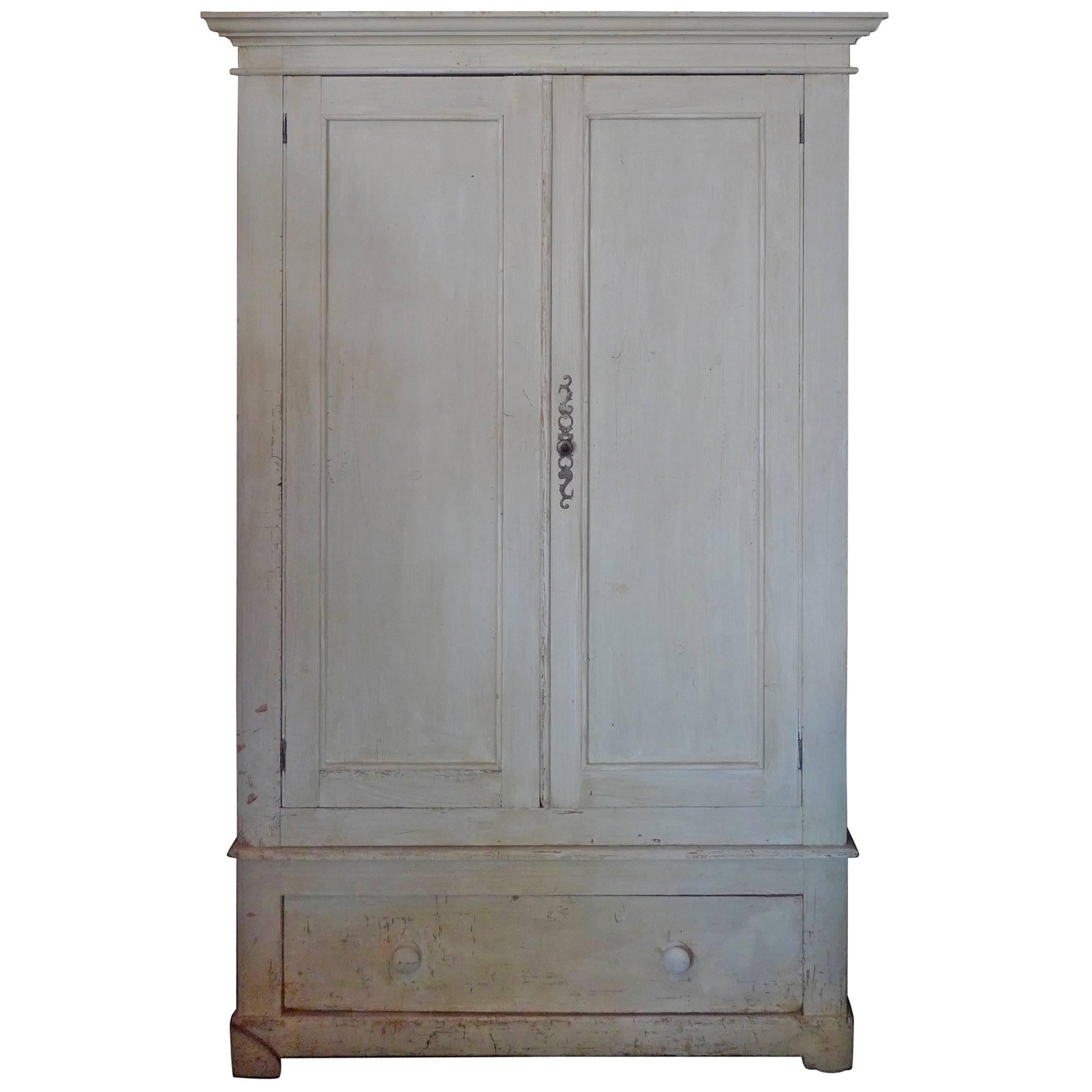 French Painted Pine Armoire with Two Doors, Three Shelves and One Bottom Drawer