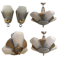 Vintage Suite of Art Deco Light Fixtures, 2 Large Chandeliers, 1 Small, Pair of Sconces