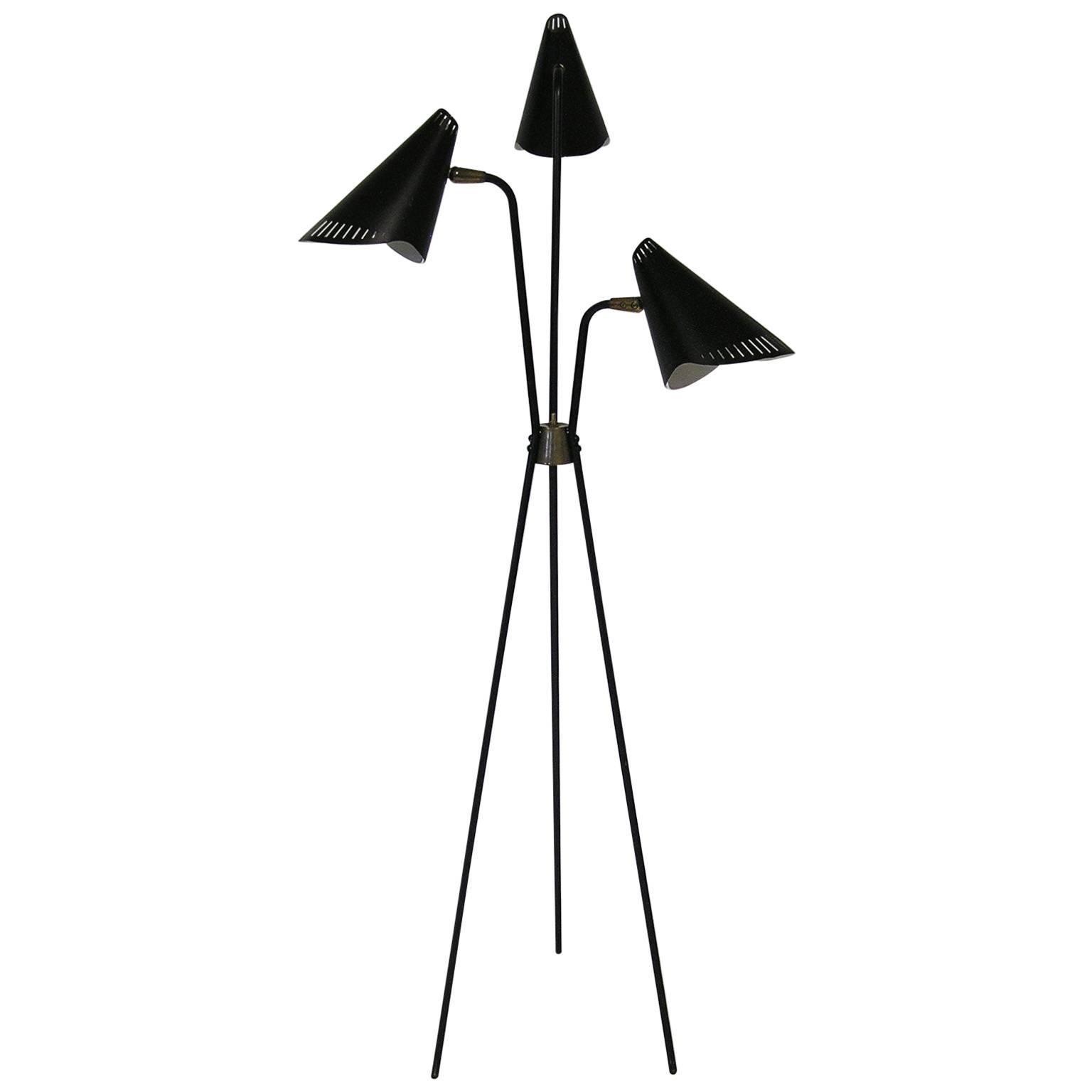 Rare 1950s Gerald Thurston Black Tripod-Leg Floor Lamp by Lightolier For Sale