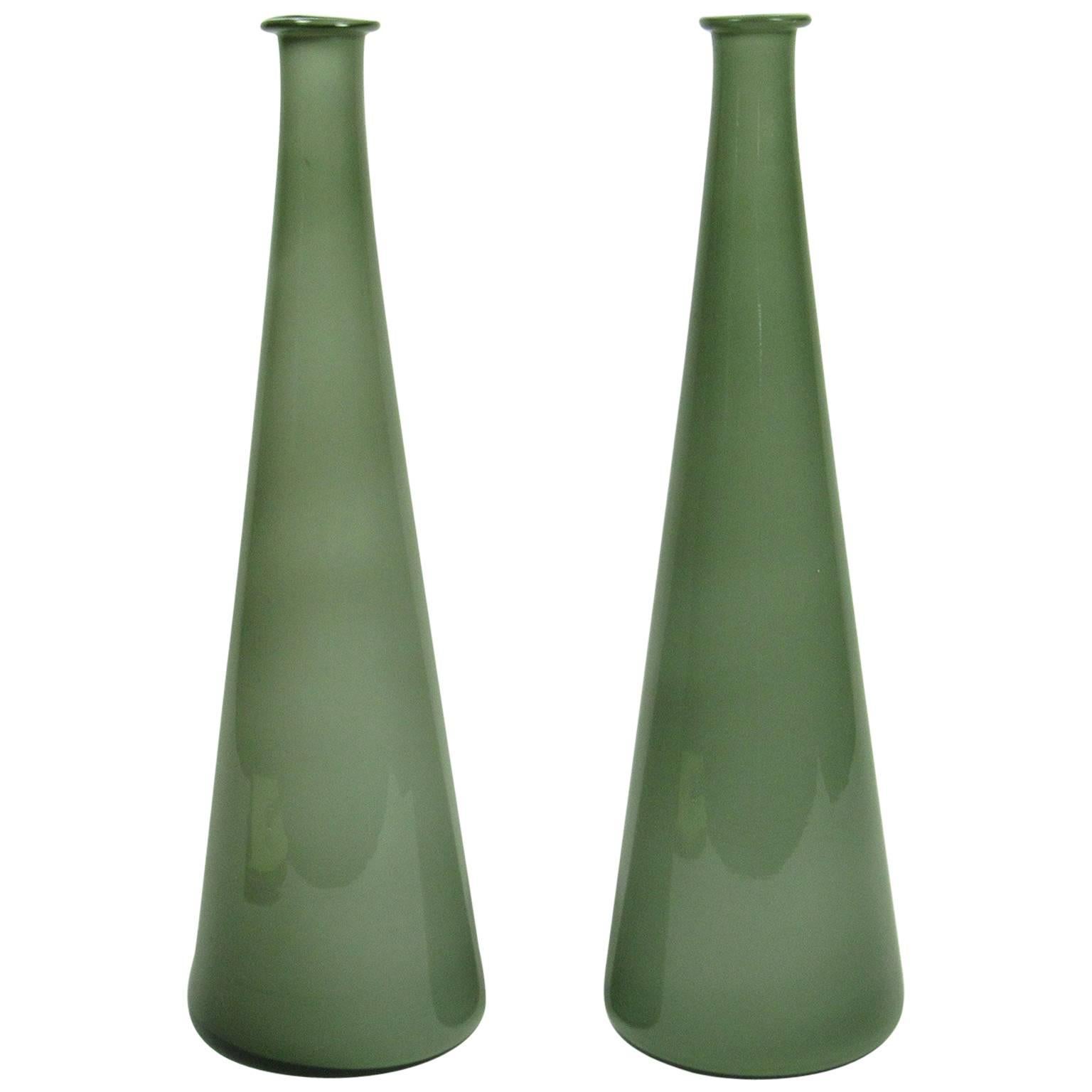 Pair of Elegant MidCentury Modern Italian Green Glass Graduated Tall