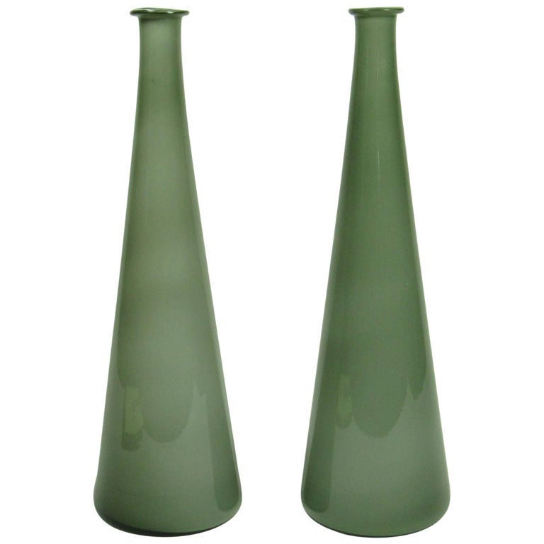 Pair Of Elegant Mid Century Modern Italian Green Glass Graduated