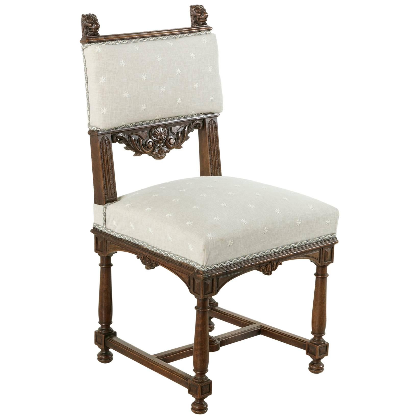 Late 19th Century French Hand-Carved Walnut Henri II Style Side Chair with Lions