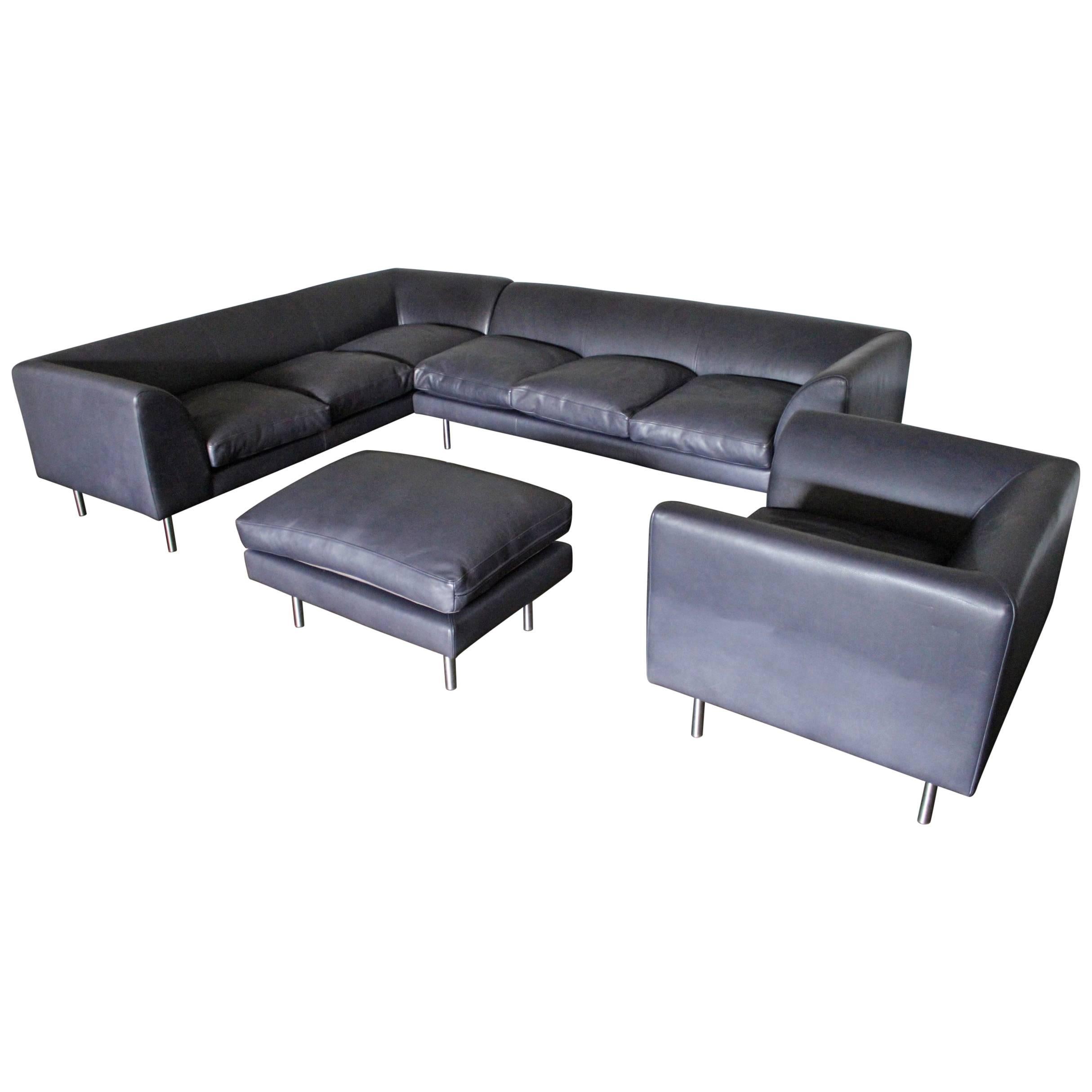 SCP “Woodgate” Six-Seat L-Shape Sofa, Armchair and Ottoman Suite in Navy Leather