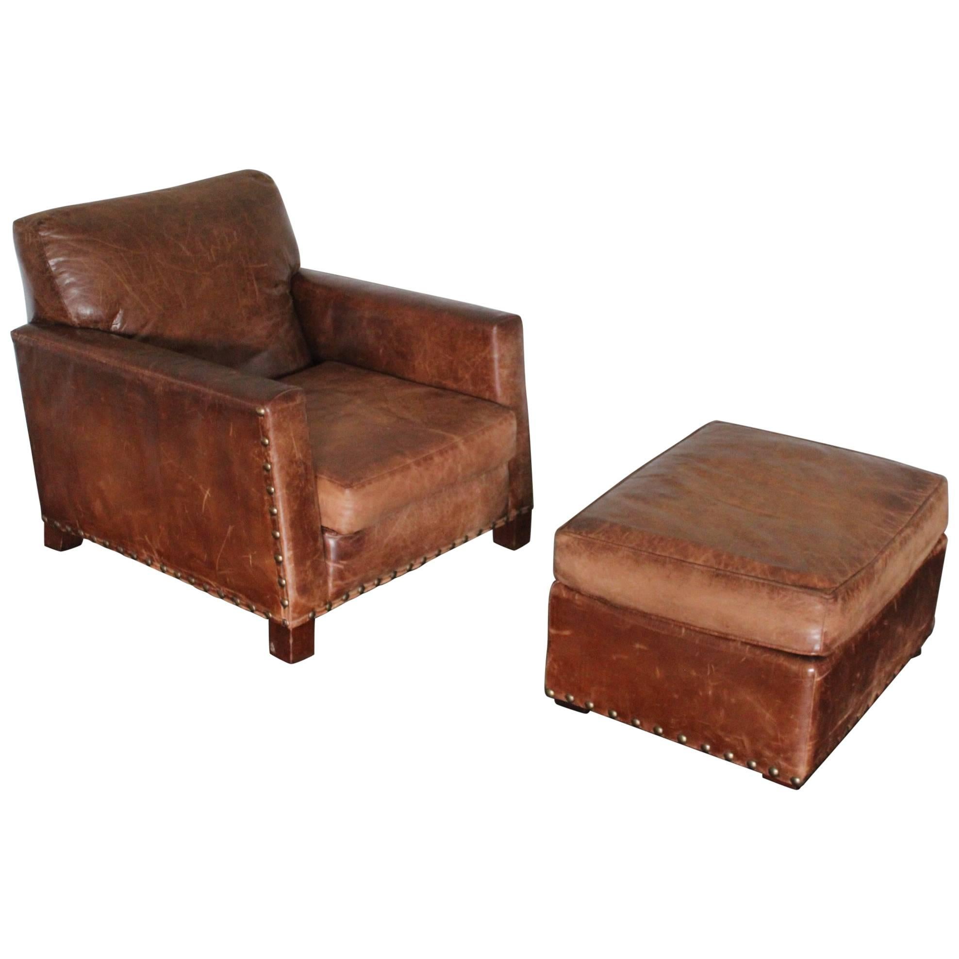 Ralph Lauren “Club” Armchair and Ottoman in Vintage Brown Leather
