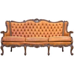 Chesterfield Baroque Leather Sofa Cognac Brown Three-Seat Couch Wood Retro