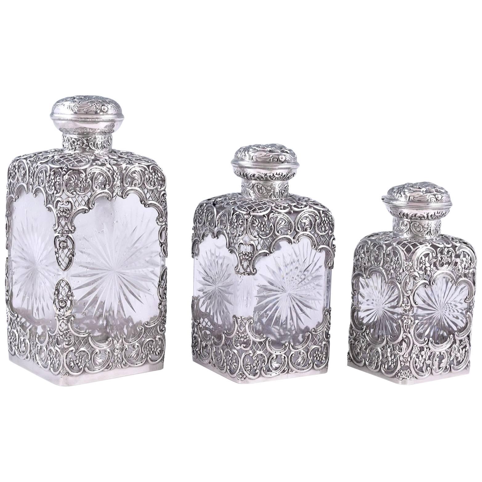 Three Edwardian Silver Mounted Glass Perfume Bottles For Sale