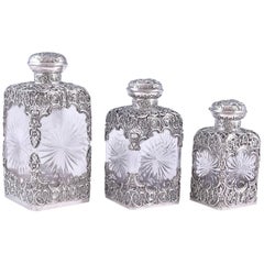 Antique Three Edwardian Silver Mounted Glass Perfume Bottles
