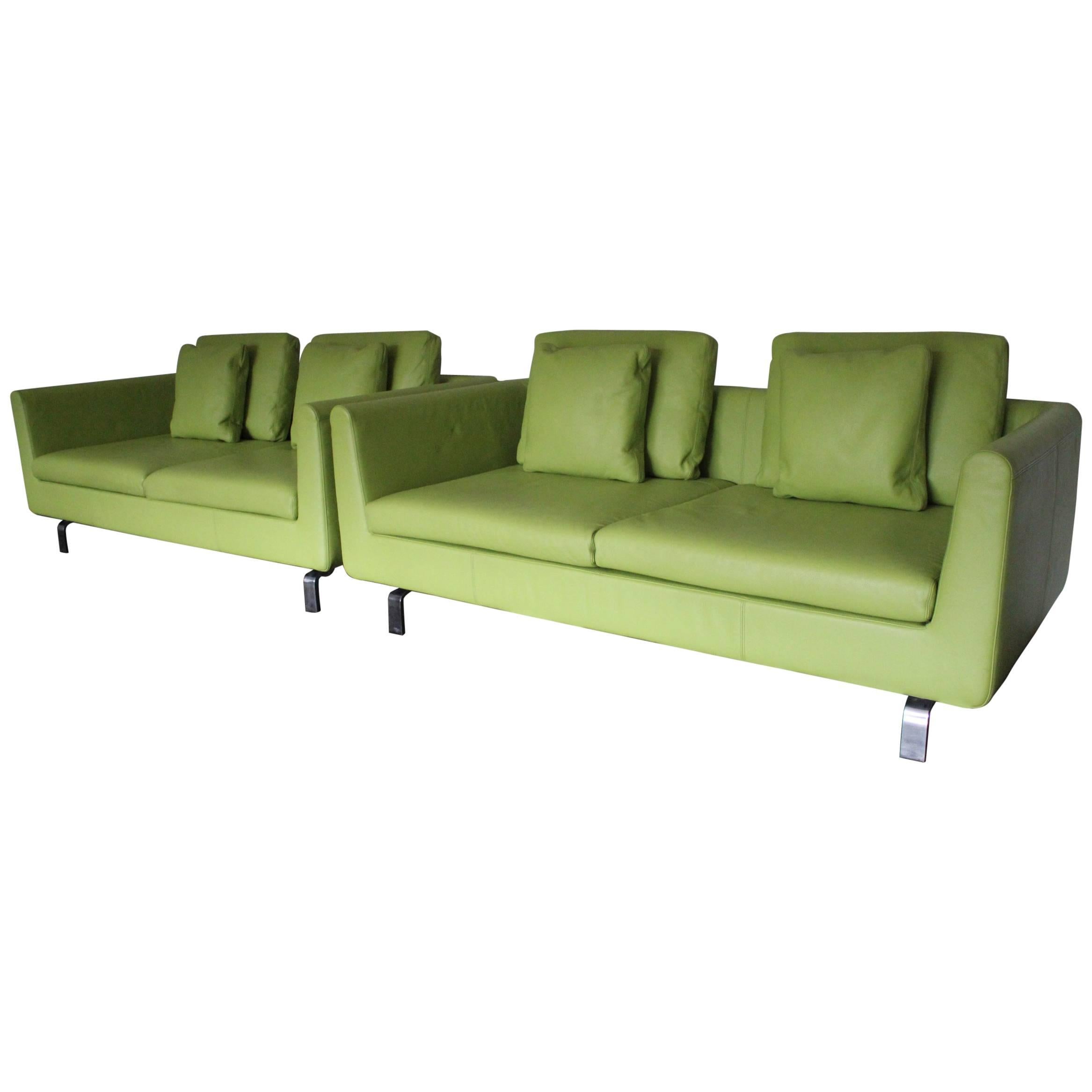 Pair of Walter Knoll 2.5-Seat Sofa in Pristine Lime-Green “Pelle” Leather
