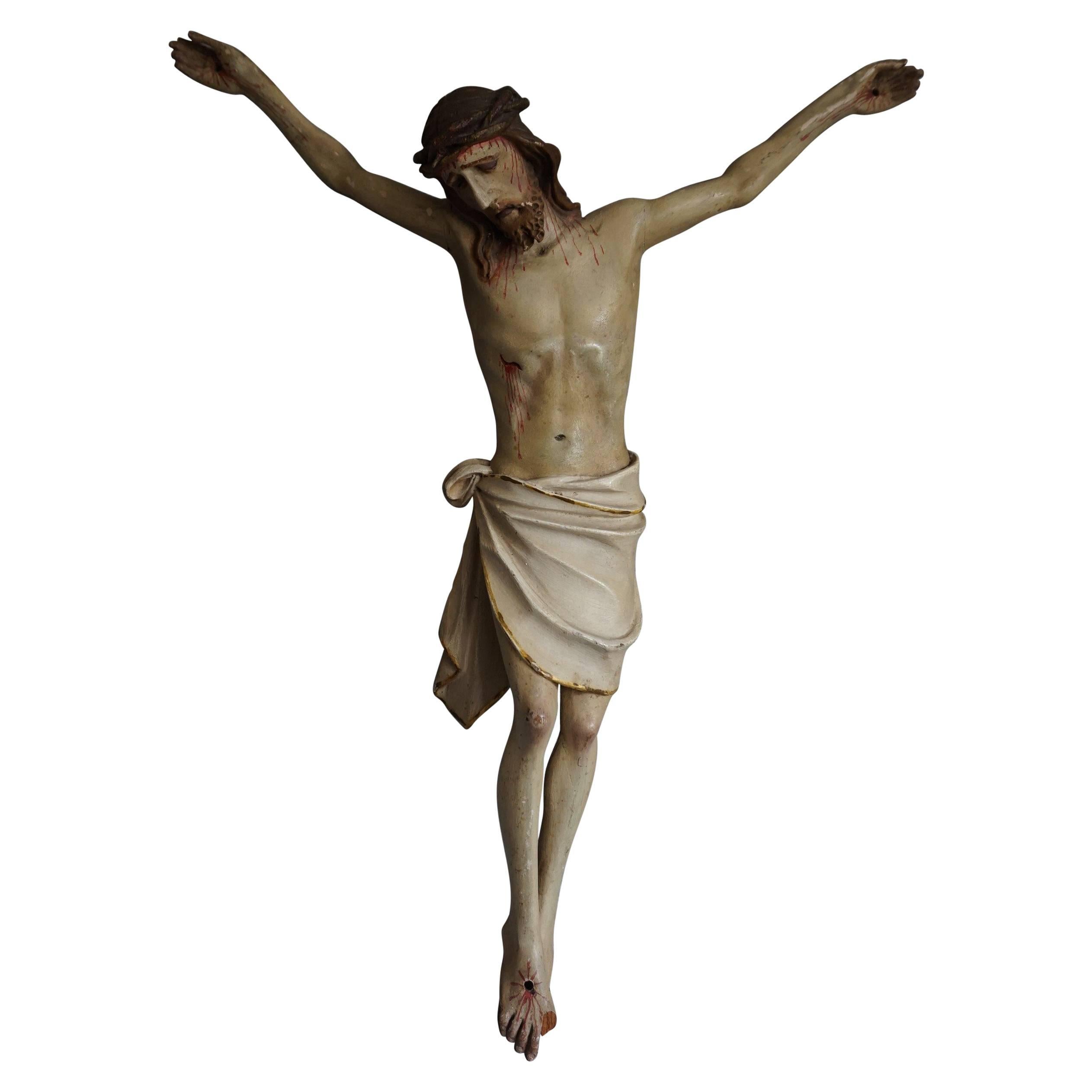 Sculpture ancienne du Christ mourant, peinte à la main à l'origine, Corpus 1890-1910 en vente