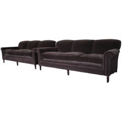 Pair of George Smith Signature “Scroll-Arm” Three-Seat Sofas in “Mink” Mohair