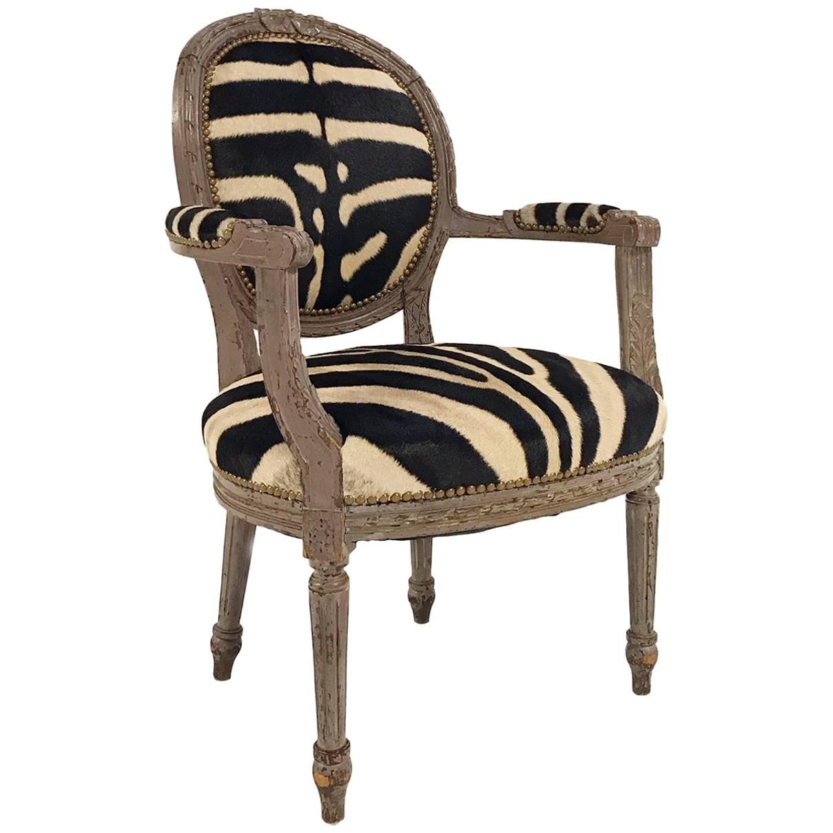 Vintage Louis XVI Armchair Reupholstered in Zebra Hide