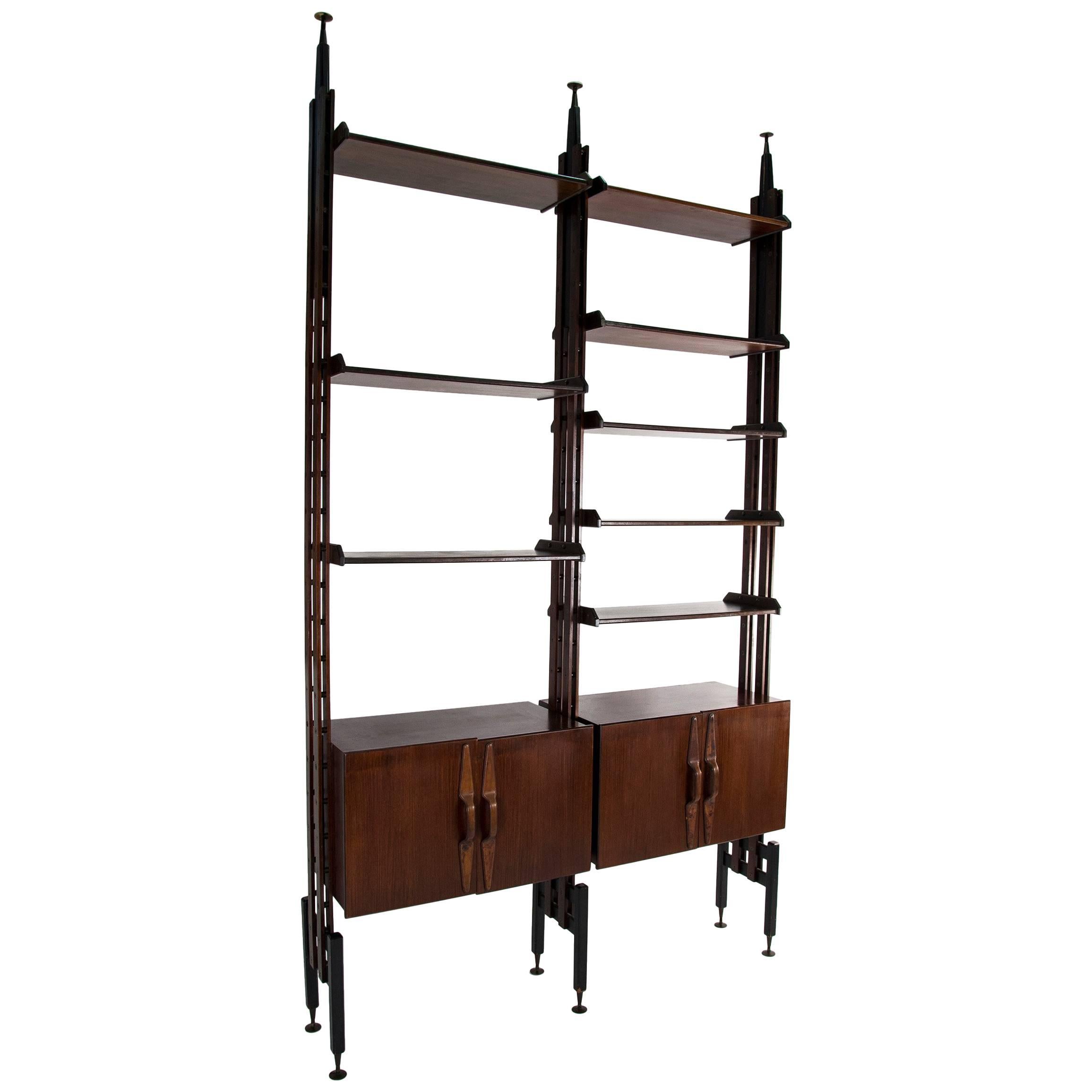 Large Adjustable Rosewood and Leather Bookcase, Italy, 1950