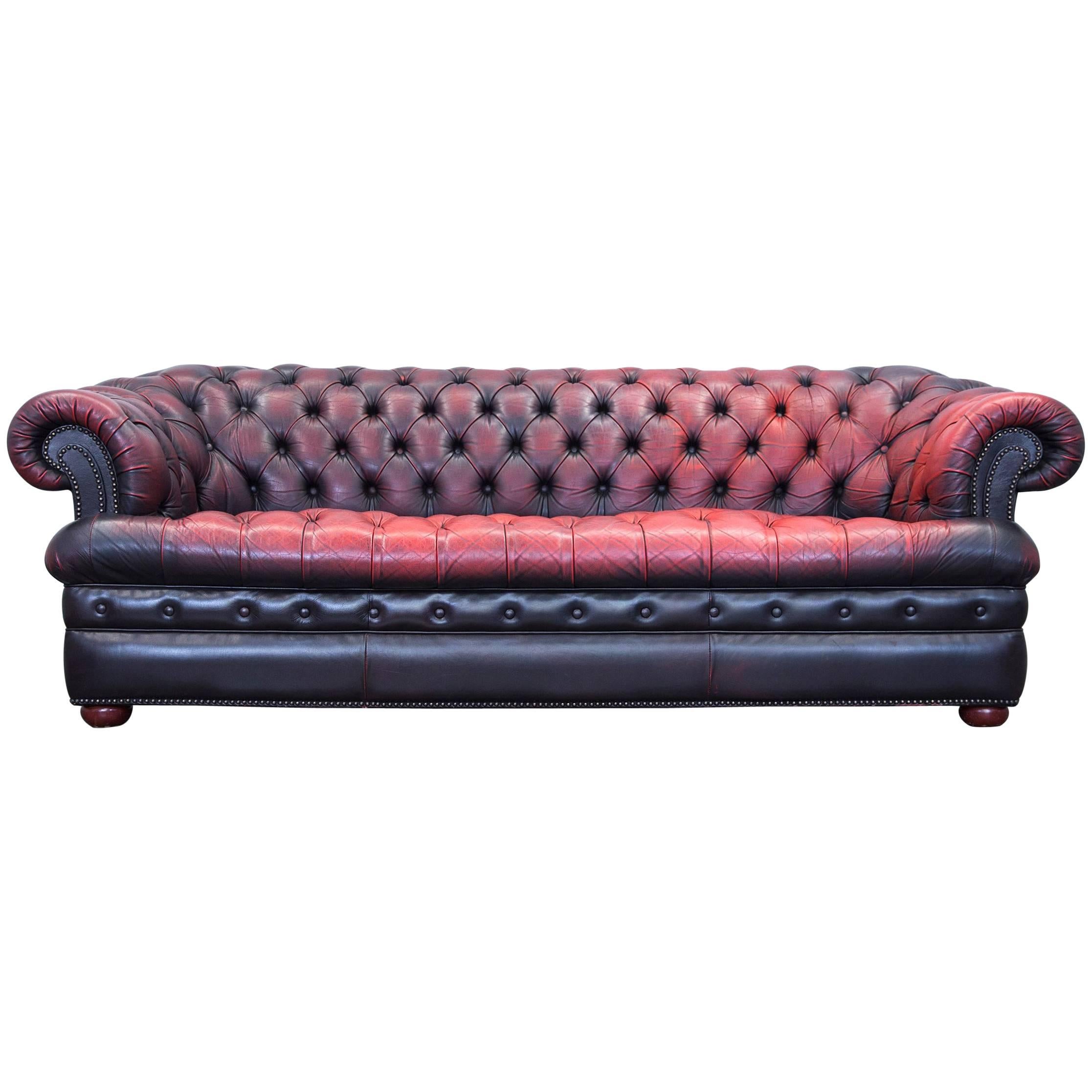 Chesterfield Sofa Leather Red Brown Three-Seat Couch Retro Vintage 