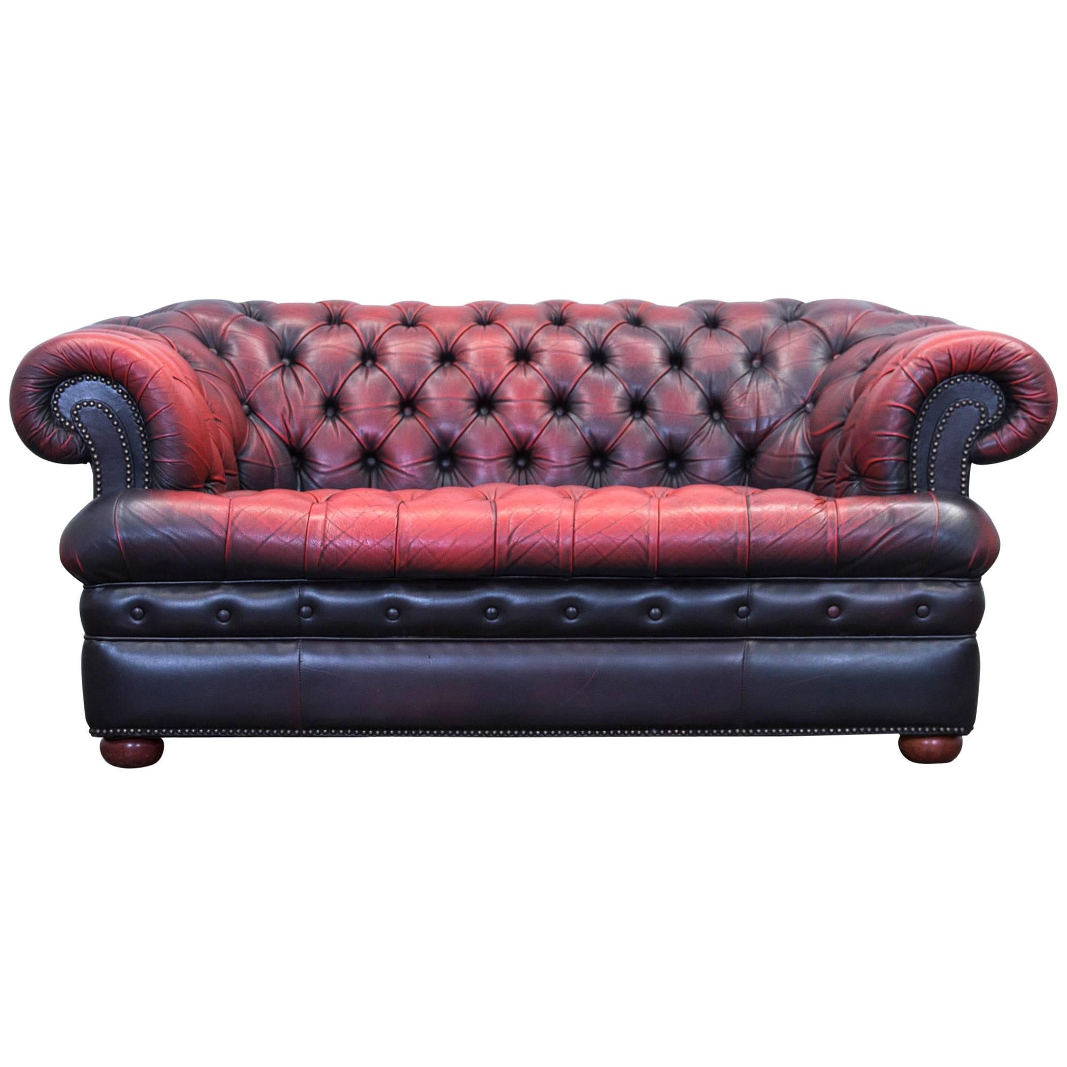 Chesterfield Sofa Leather Red Brown Three-Seat Couch Retro Vintage