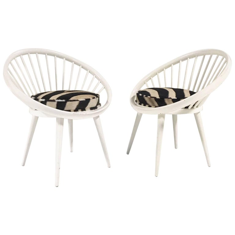 Vintage Pair of Yngve Ekstrom Circle Chairs Reupholstered in Zebra Hide For Sale