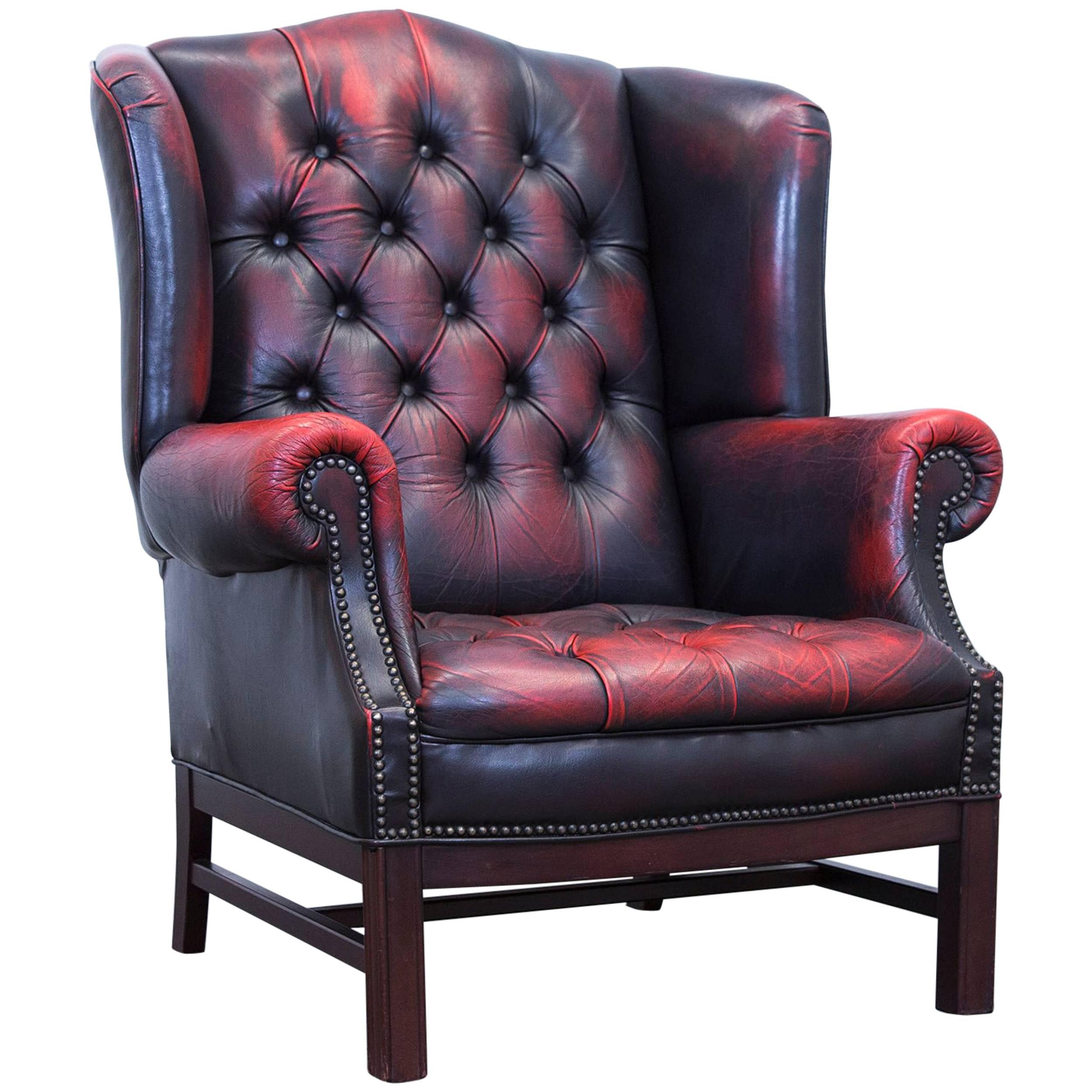 Chesterfield Armchair Leather Red Brown Three-Seat Couch Retro Vintage