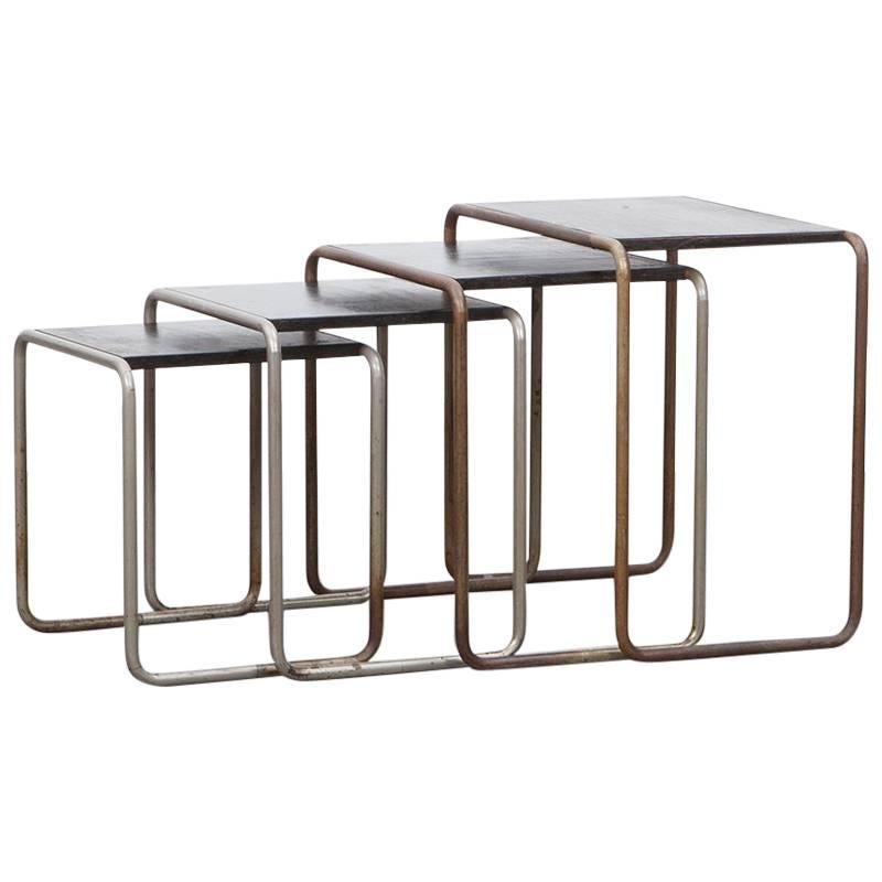 1920s Black Stained Wood, Chromium-Plated Steel Nesting Tables by Marcel Breuer