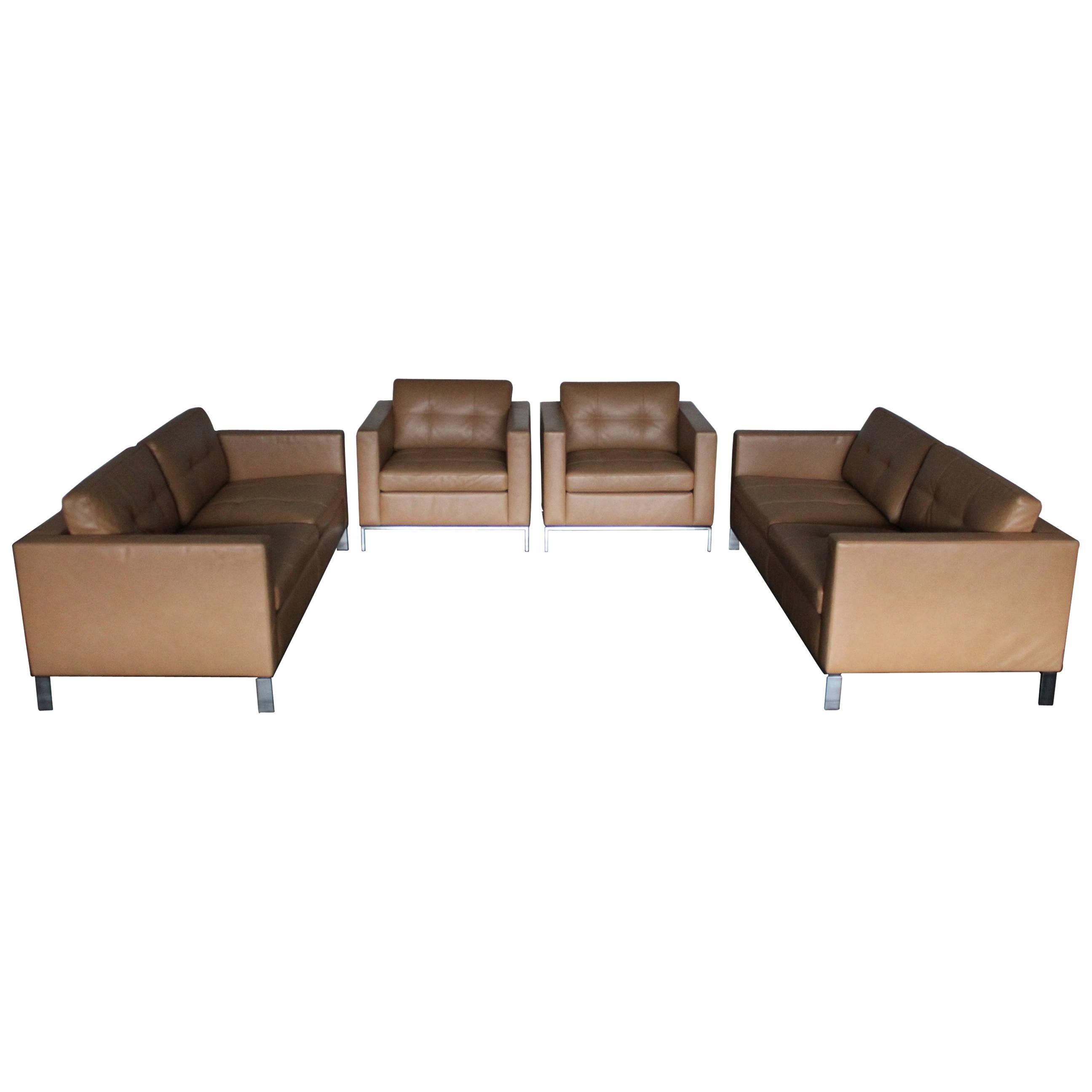 Walter Knoll “Foster 502” Two-Sofa and Two-Armchair Suite in Pale Brown Leather