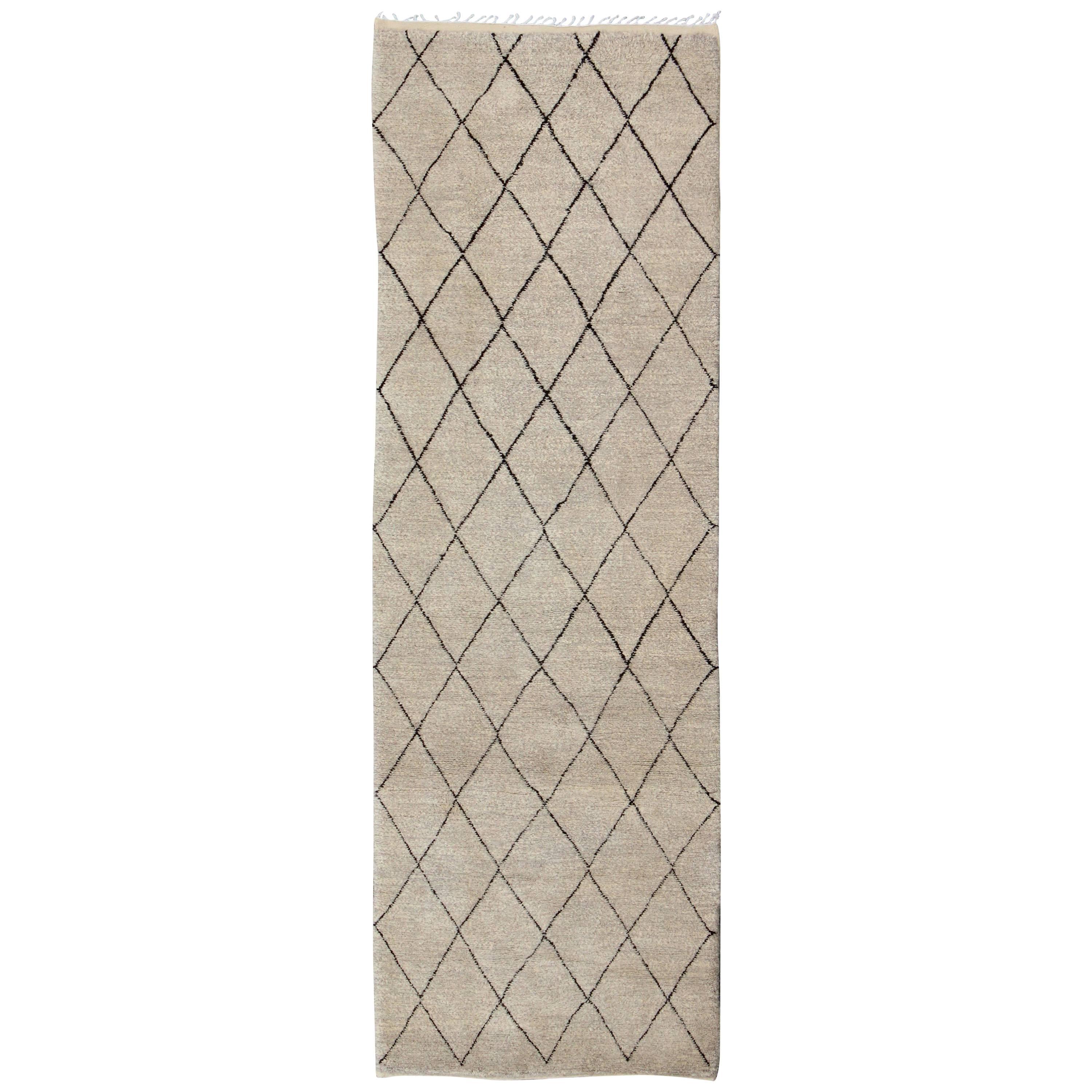 Long Contemporary Moroccan Runner with Brown and Ivory Diamond Pattern