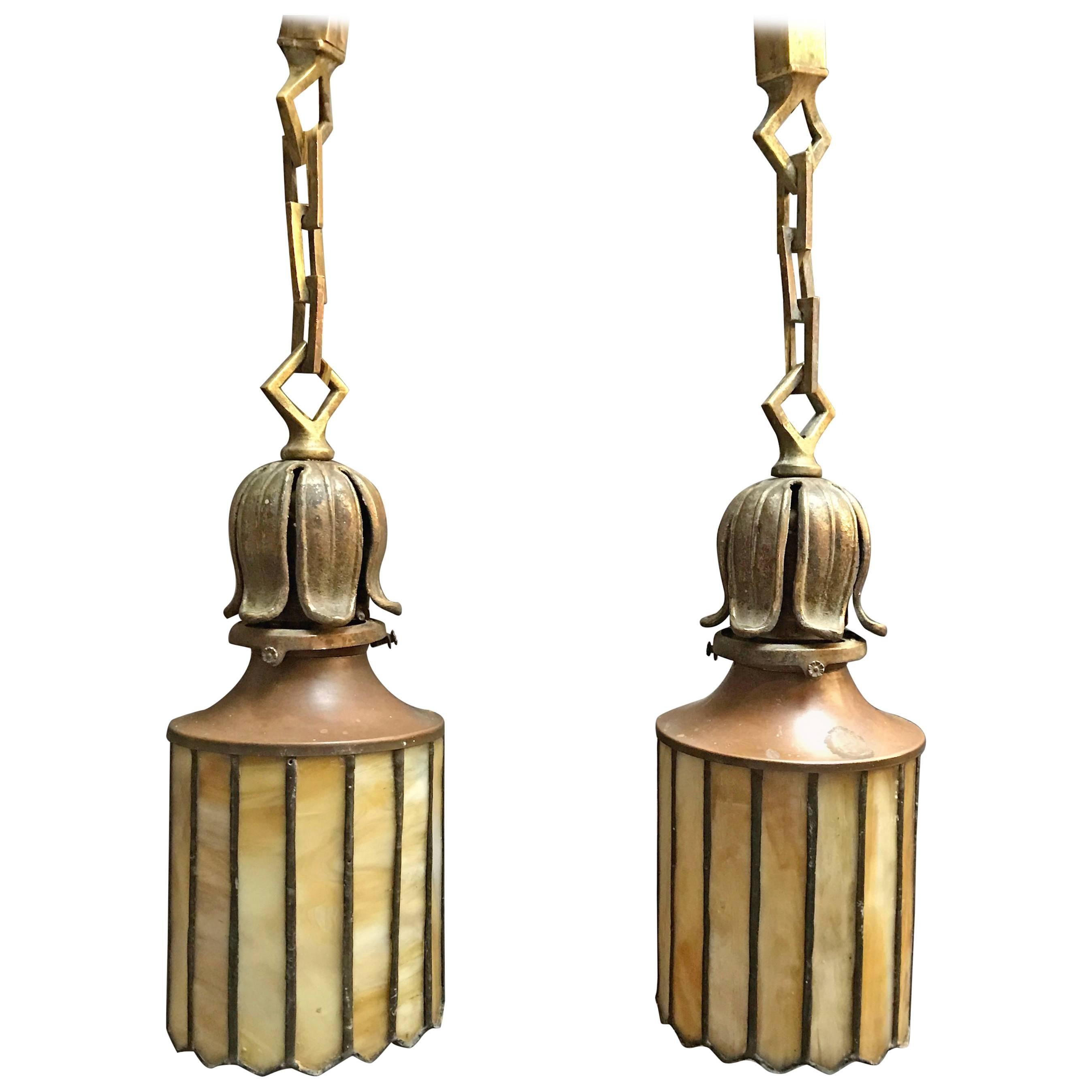 Pair of Exceptional Arts & Crafts Stain Glass Brass Pendant Lights