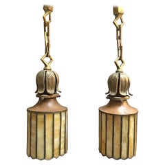 Antique Pair oO Exceptional Arts & Crafts Stain Glass Brass Pendant Lights