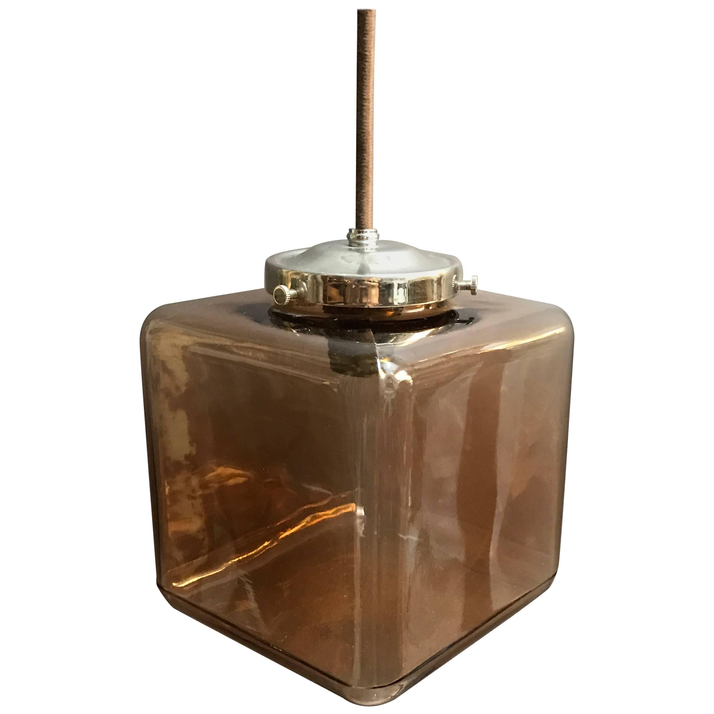 Mid-Century Modern Smoked Glass Cube Pendant Light