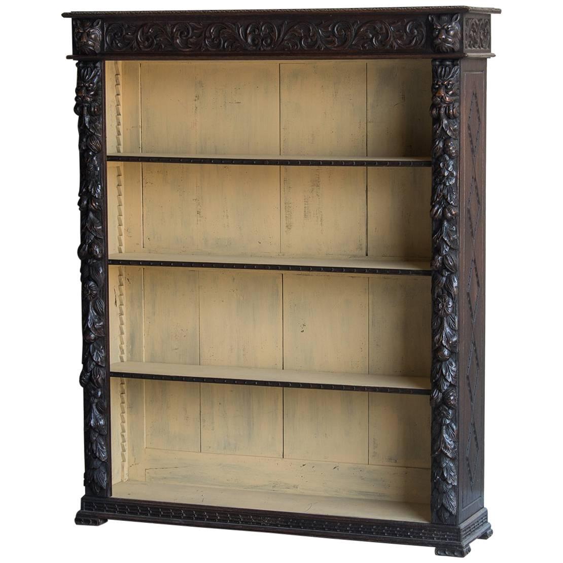 Antique English Carved Oak Bookcase Display Cabinet, circa 1890