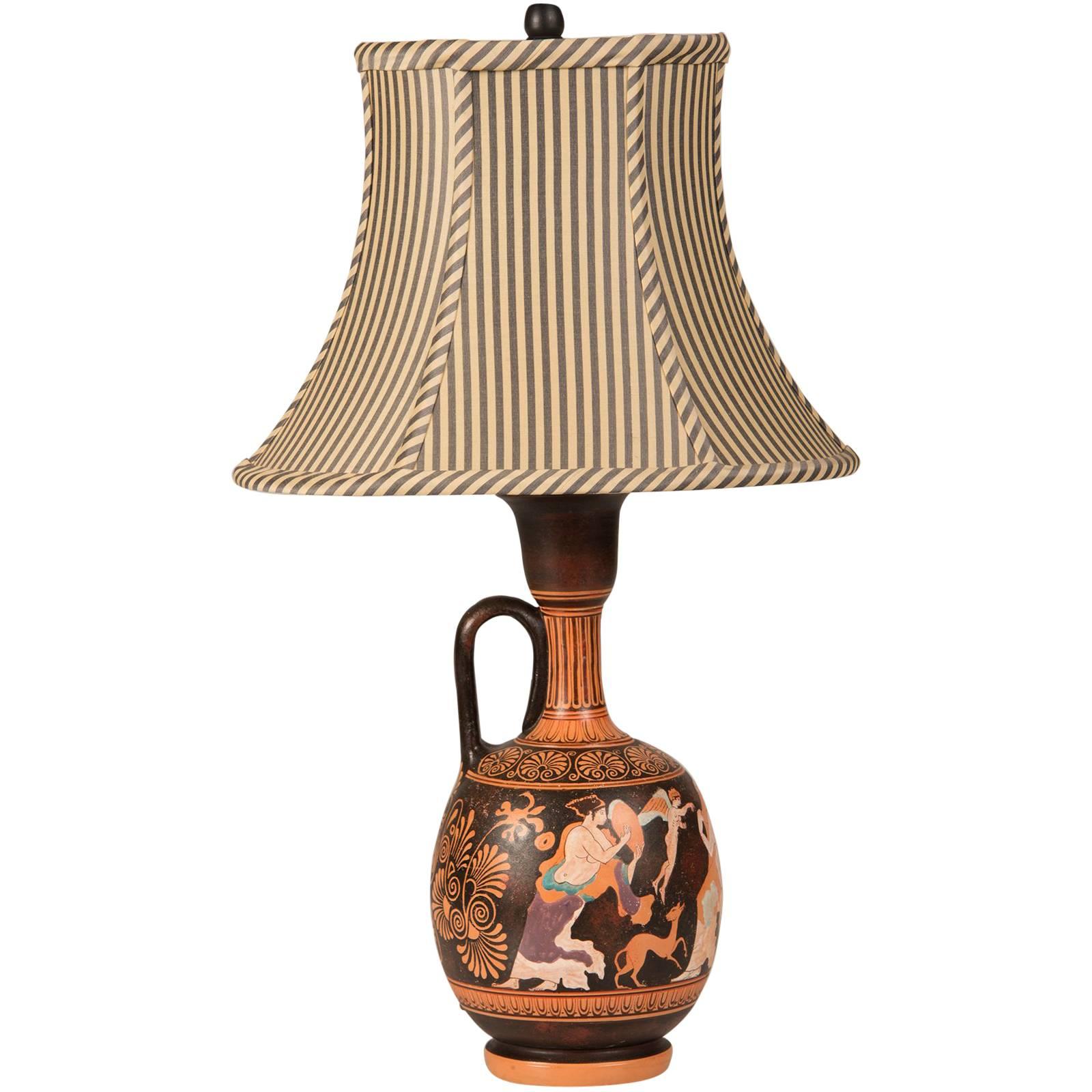 Vintage Greek Hand-Painted Earthenware Amphora Lamp, circa 1950, Custom Shade For Sale