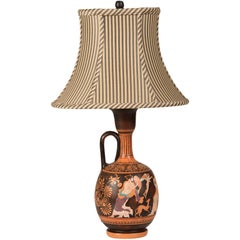Vintage Greek Hand-Painted Earthenware Amphora Lamp, circa 1950, Custom Shade