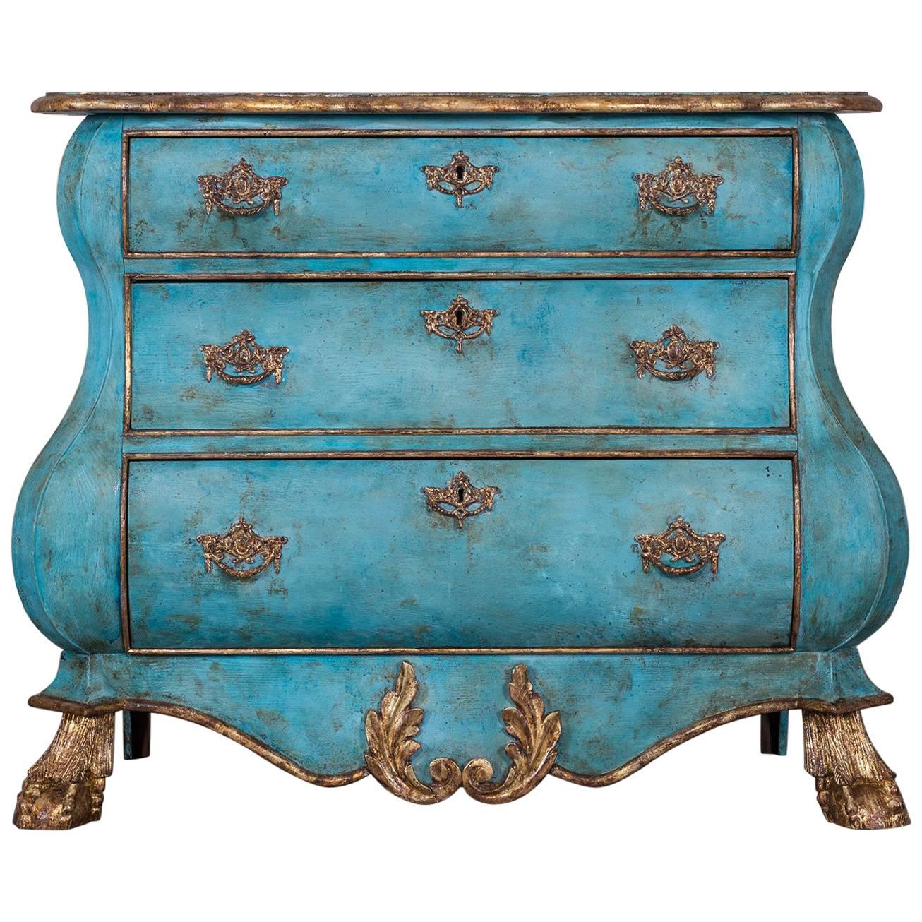 Dutch Painted and Gilded Oak Bombé Commode Chest of Drawers, Holland, circa 1850