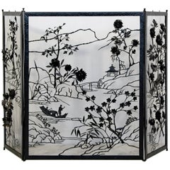 Art Deco Asian Black Painted Steel and Brass Fireplace Screen 1940s Floral