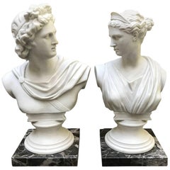 Pair of White Biscuit Porcelain Busts of Apollo Belvedere and Diana from Italy