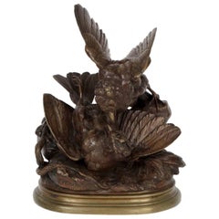 Authentic Jules Moigniez Antique Bronze Sculpture of Two Fighting Sparrows