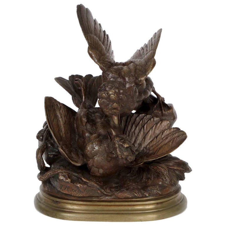 Authentic Jules Moigniez Antique Bronze Sculpture Of Two Fighting Authentic Jules Moigniez Antique Bronze Sculpture Of Two Fighting Sparrows For