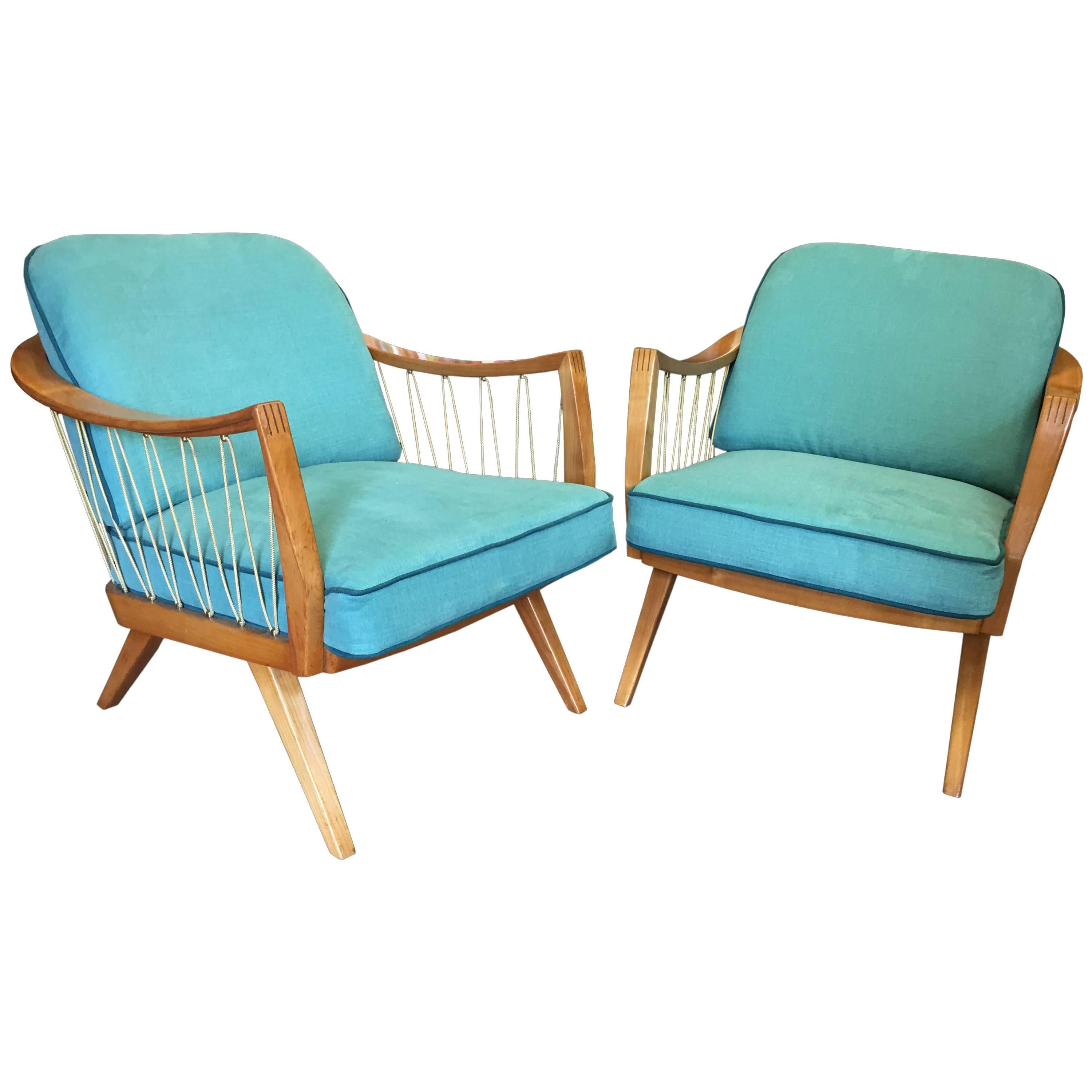 Stunning Pair of Cherry Framed Midcentury Lounge Chairs