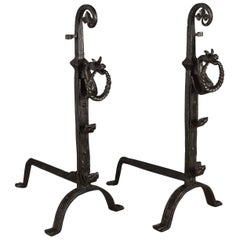 Gothic Wrought Iron Firedogs, Medieval Revival Andirons, Late 20th Century