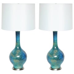 Vintage Midcentury Blue/Green Etruscan Glazed Lamps