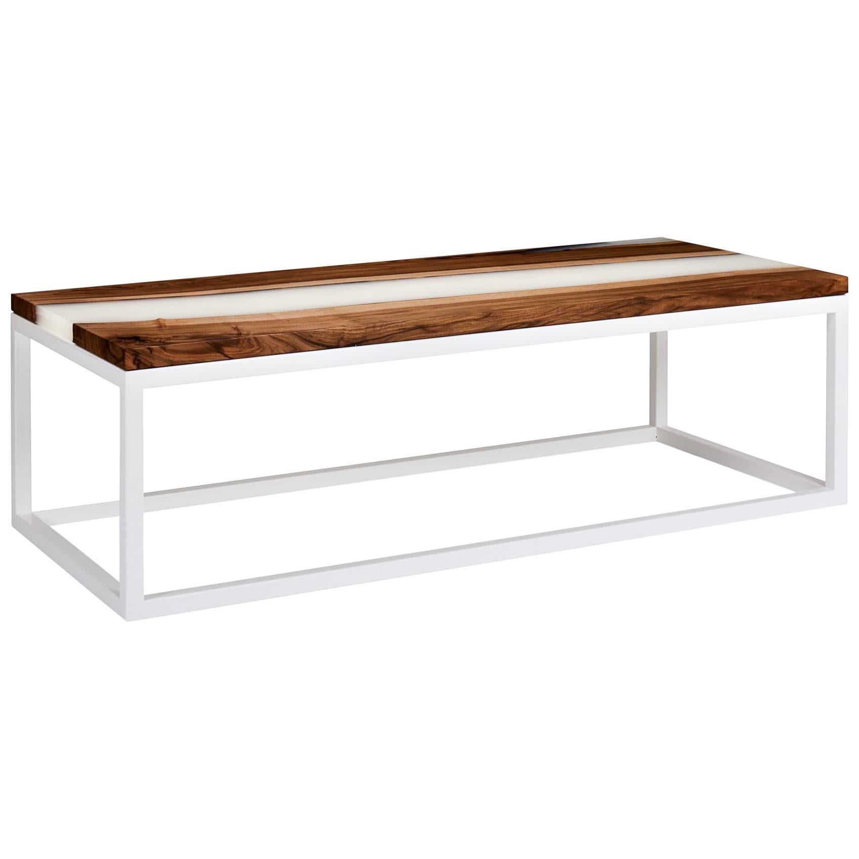 Contemporary Coffee Table with Walnut Top and Resin on Powder Coated Steel Base For Sale