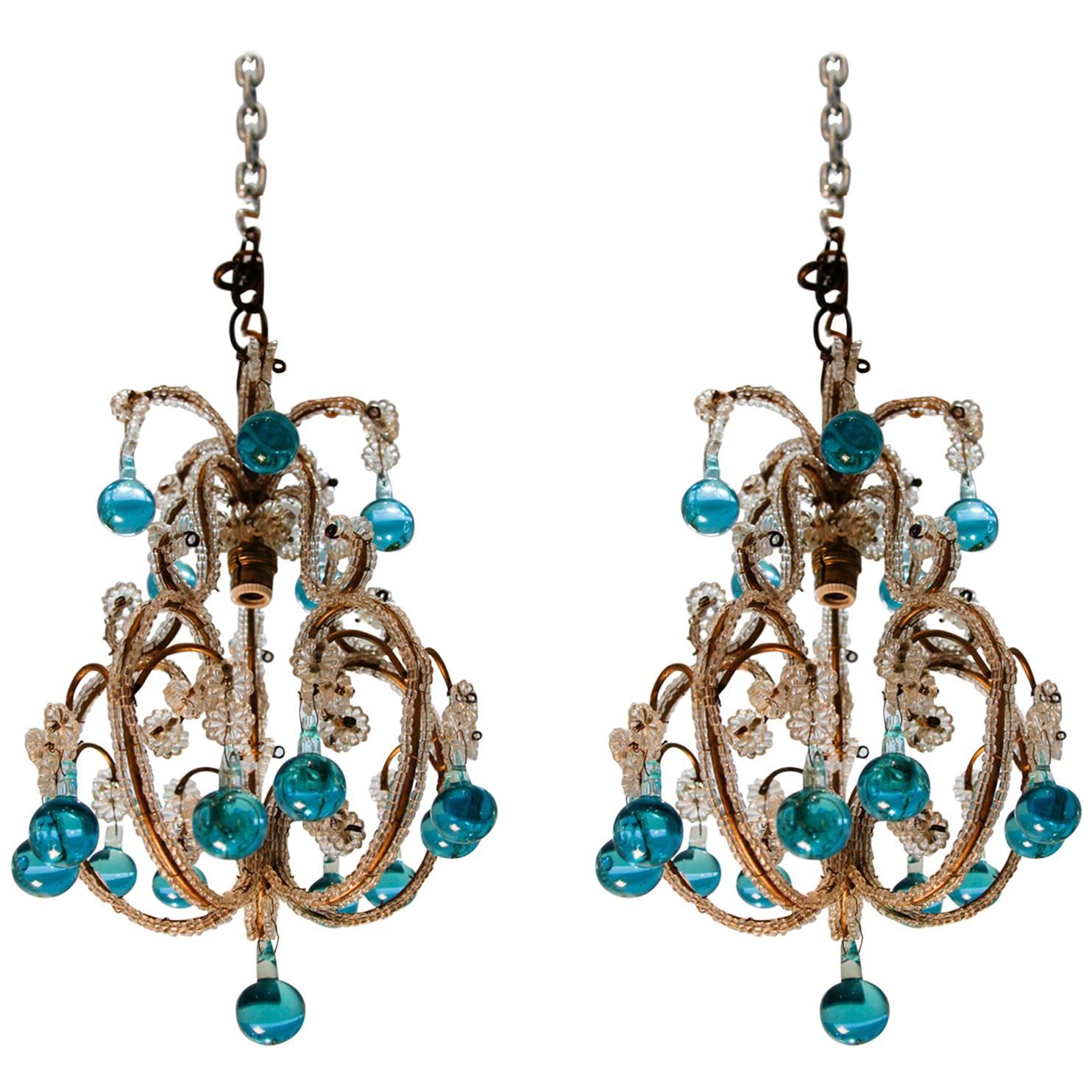 Pair of Vintage Petite Blue Beaded Murano Glass Chandeliers For Sale