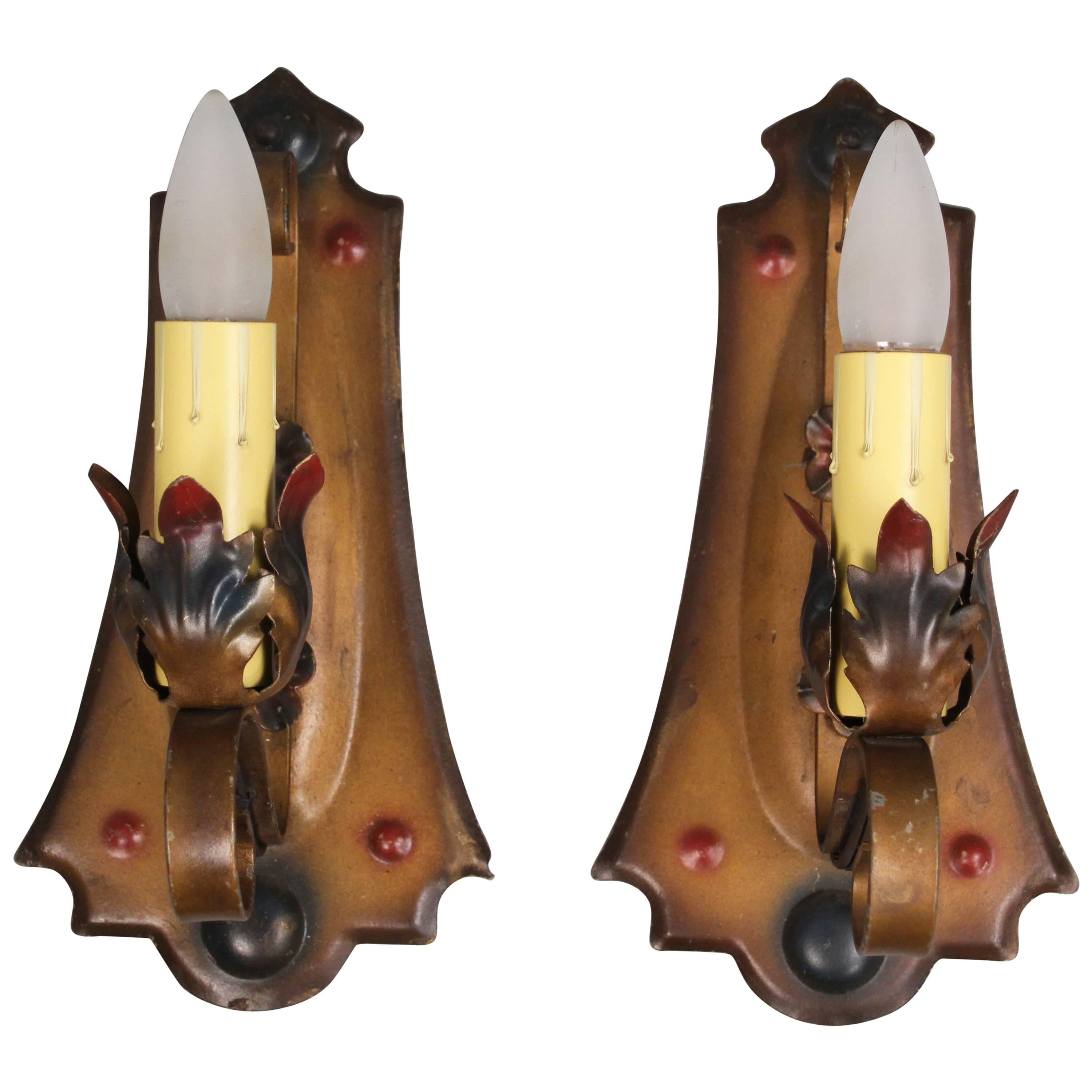 Pair of Antique 1920s Polychrome Spanish Revival Sconces For Sale