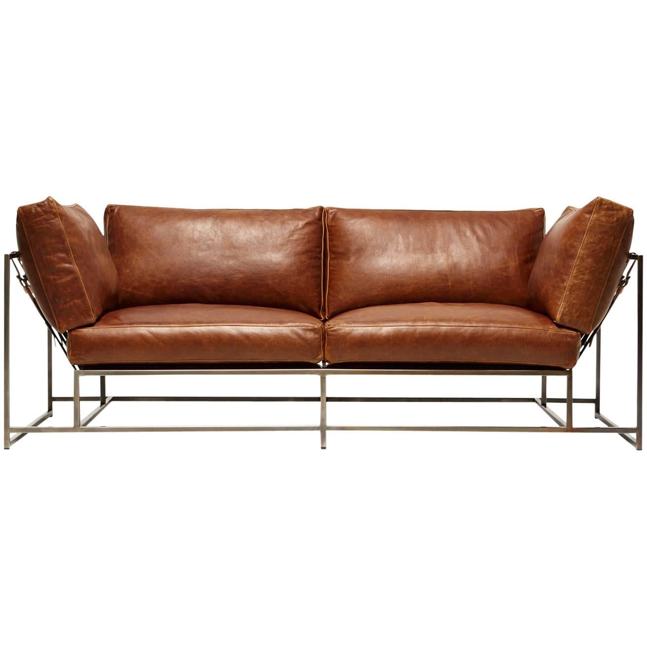 Potomac Tan Leather and Antique Nickel Two Seat Sofa with Charcoal Belting For Sale