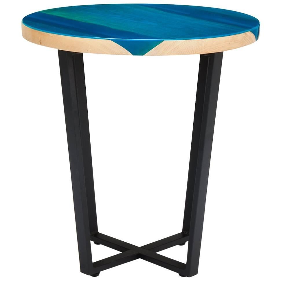 Contemporary Side Table Ash Glazed with Blue Resin on Powder Coated Steel Base For Sale