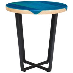 Contemporary Side Table Ash Glazed with Blue Resin on Powder Coated Steel Base